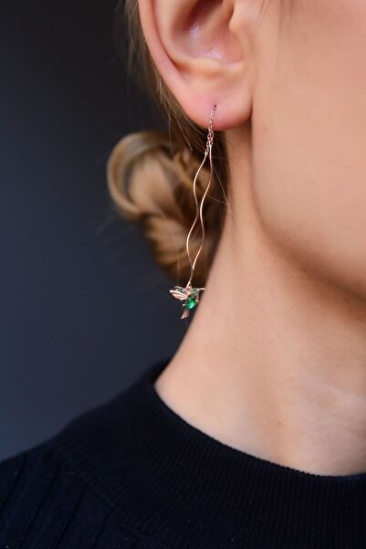 Papatya Silver 925 Ayar Gümüş Rose Kaplama Sevgi Kuşu Telli Küpe Tekli