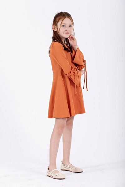 zepkids Κοριτσίστικο φόρεμα με λαιμόκοψη μακρυμάνικο τούβλο σε χρώμα