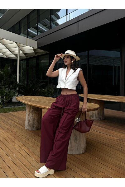minaaise Kadın Bordo Poplin Kumaş Beli Lastikli Cepli Pantolon 29083
