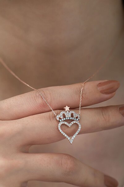 Papatya Silver 925 Ayar Zirkon Taşlı Kalpli Kraliçe Tacı Gümüş Kolye
