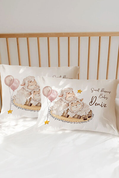 Homamia İsme Özel Baskılı %100 Pamuk Bebek Yastık Kılıfı Kuzular