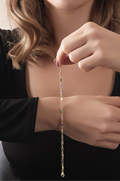 SUNSHINE 925 Ayar Gümüş Gold Kaplamalı Mix Zirkon Taşlı Zincir Bileklik