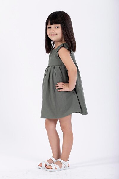 zepkids Khaki Colored Girl's Dress - Ruffle Shoulder and Pleated Design