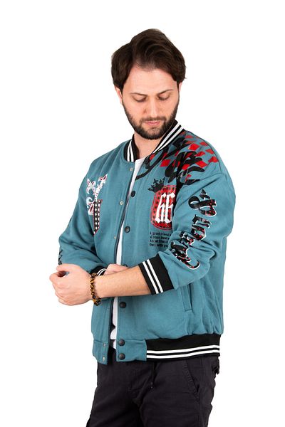 Rizz up Men's Turquoise Sleeves Front and Back Printed Three Thread Snap College Coat 2304764