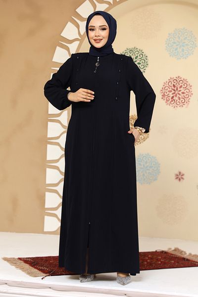 Neva Style Button Detailed Navy Blue Hijab Abaya 45304L