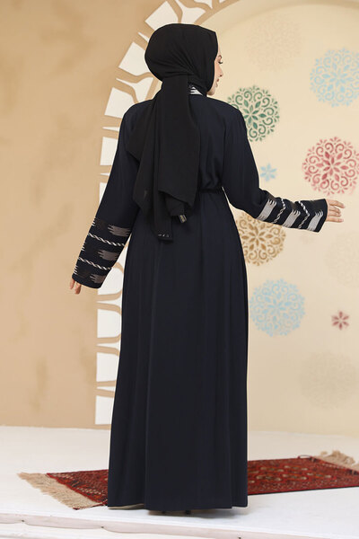 Neva Style Patterned Navy Blue Hijab Abaya 45303L