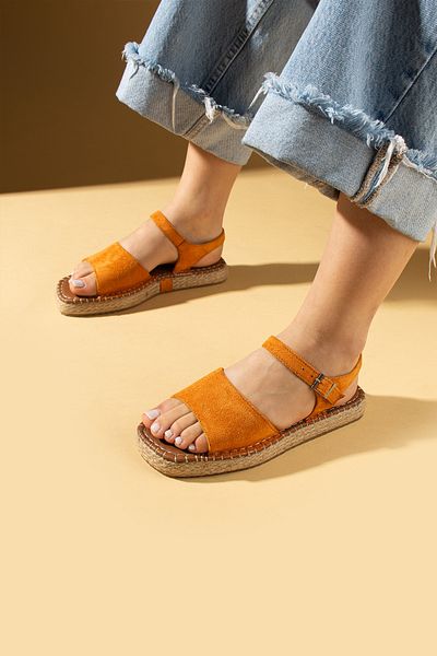 Pembe Potin Women's Orange Suede Espardil Banded Comfortable Sole Stylish Daily Sandals
