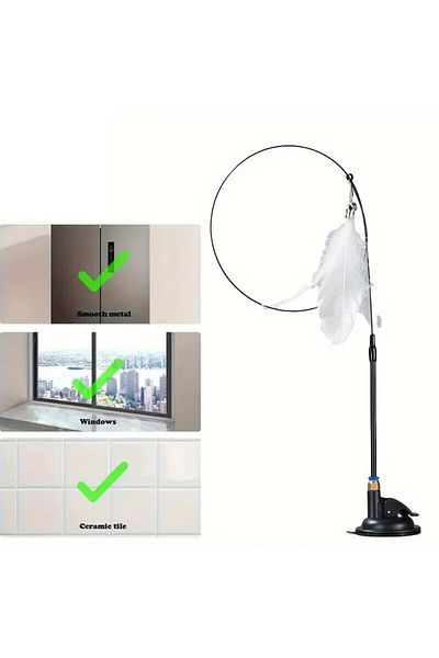 Choice White Enhanced Cat Teaser Toy - Interactive Bell & Feather Wand - Long Suction Cup Pole for Exciting