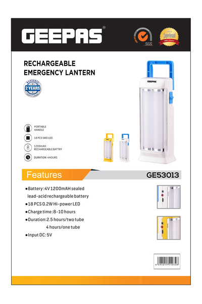 Geepas Rechargeable Emergency Lantern, 4hr Duration, 18 Pcs SMD LED| 1200mAh Rechargeable Battery