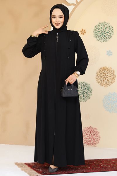 Neva Style Abaya hijab neagră cu detaliu cu nasturi 45304S
