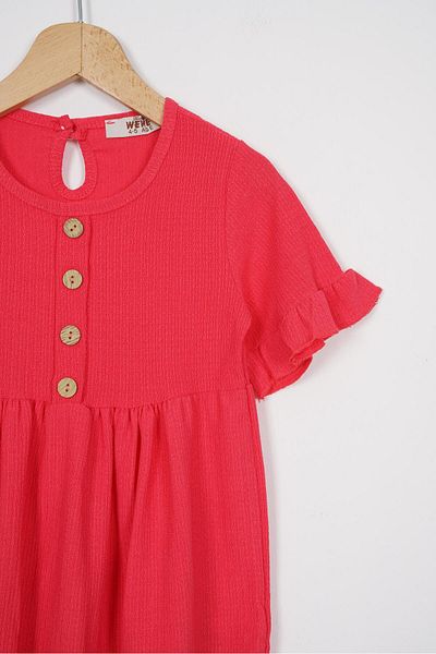 zepkids Rochie pentru fetiță, cu mânecă scurtă, cu volane, cu nasturi, de culoare fuchsia