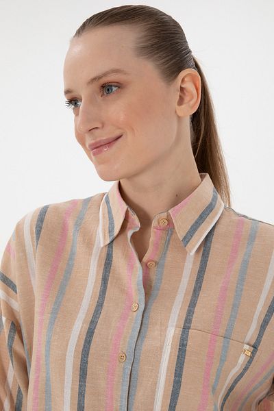 U.S. Polo Assn. Γυναικείο πορτοκαλί λινό με μακρυμάνικο ριγέ ρουνικό πουκάμισο 50305148-vr202