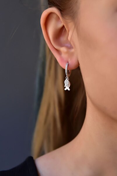 Papatya Silver 925 Ayar Gümüş Rodyum Kaplama Fish Halka Küpe