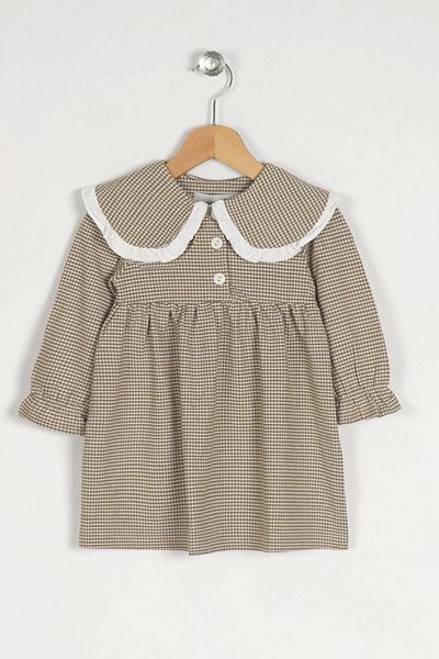 zepkids Rochie pentru fetiță, cu mânecă lungă, cu guler pentru bebeluși, cu nasturi, culoare bej deschis