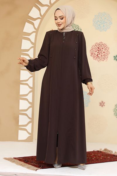 Neva Style Button Detailed Brown Hijab Abaya 45304Kh