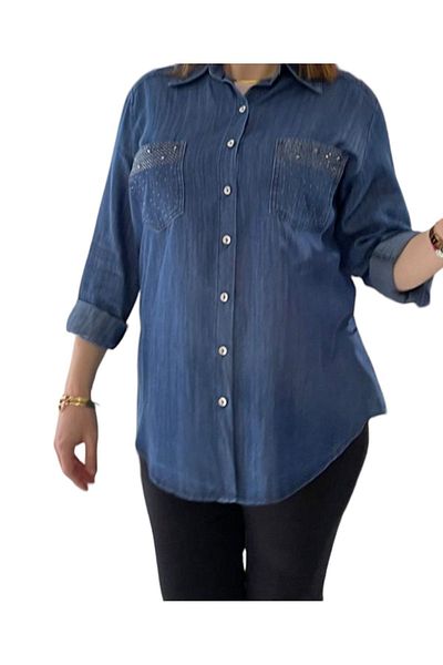 AKŞEN GİYİM Cămașă din țesătură JEAN DE BLANĂ SUBȚIRE DE MĂRIME MARE GULER CU MÂNECĂ PUSĂ Buzunare Cămașă din denim cu detaliu de piatră