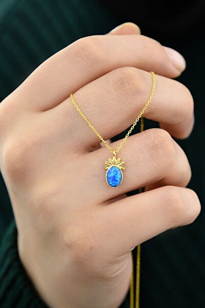 Papatya Silver 925 Ayar Gümüş Gold Kaplama Mavi Opal Taşlı Ananas Kolye