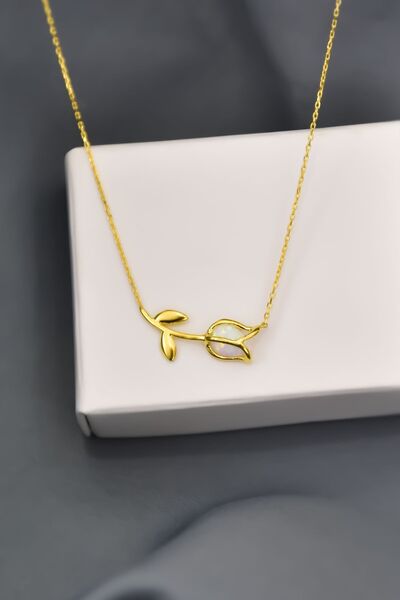 Papatya Silver 925 Ayar Gümüş Gold Kaplama Beyaz Opal Lale Kolye