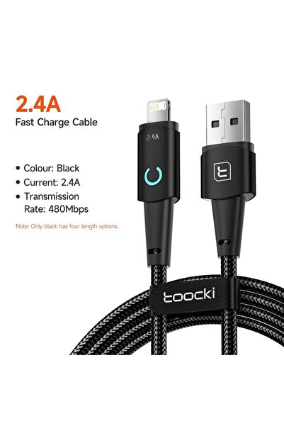 Choice شاحن LED من Toocki USB A إلى Type C أو Lightning أسود 2 متر لنظام IOS ...