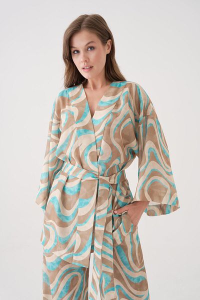 minaaise Women's Turquoise Patterned Linen Fabric Bottom/Top Set 29098