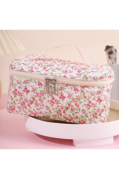 Choice حقيبة مستحضرات تجميل قطنية بتصميم زهور بسعة كبيرة وسحاب مزدوج لتنظيم م...