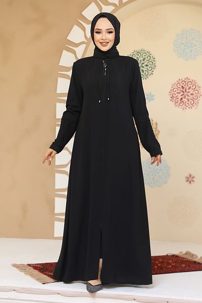 Neva Style Abaya hijab neagră cu fermoar 45298S