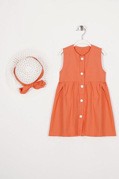zepkids Crew Neck Zero Sleeve Snap Button Hat Orange Color Girl's Dress