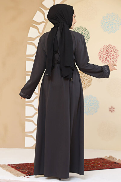 Neva Style Zippered Anthracite Hijab Abaya - 45297Ant