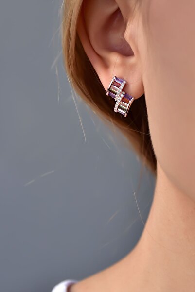 Papatya Silver 925 Ayar Gümüş Rose Kaplama Renkli Baget Taşlı Küpe