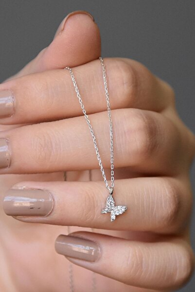 Papatya Silver 925 Ayar Gümüş Rodyum Kaplama Beyaz Taşlı Minimal Kelebek Kolye