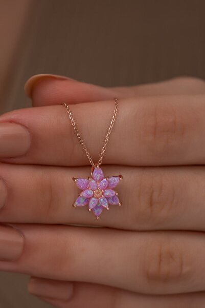 Papatya Silver Pembe Opal Taşlı 925 Ayar Gümüş Lotus Kolye