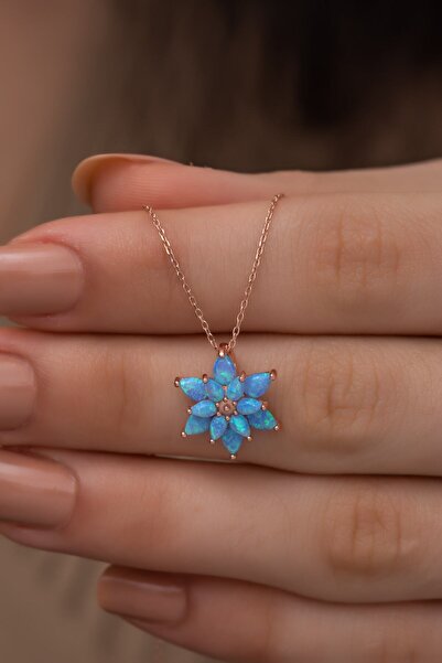 Papatya Silver Açık Mavi Opal Taşlı 925 Ayar Gümüş Lotus Kolye