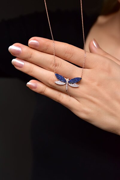 Papatya Silver 925 Ayar Gümüş Rose Kaplama Lacivert Beyaz Yusufçuk Kolye