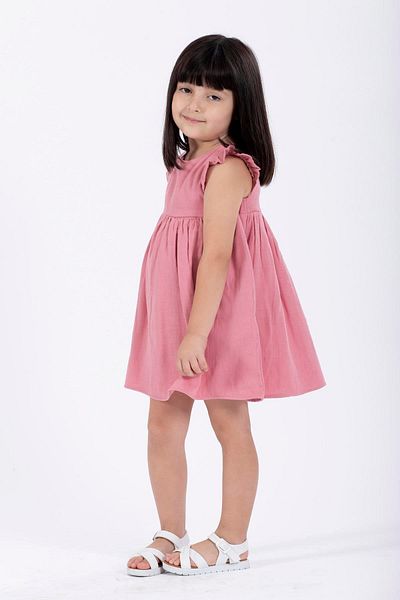 zepkids Rochie de fetiță de culoare roz, cu mânecă cu volan, umeri cu volan