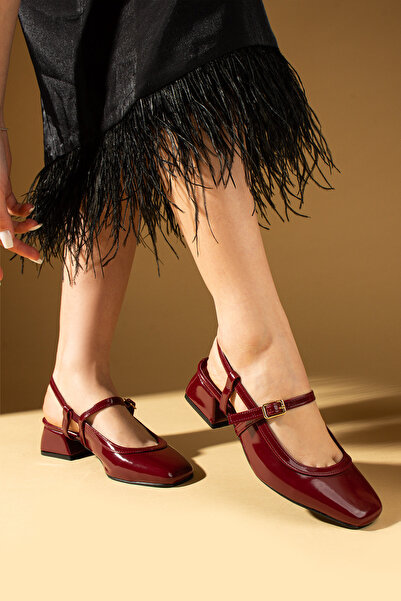 Pembe Potin Women's Mary Jane Claret Red Patent Leather Square Toe Double Helmet Heeled Shoes