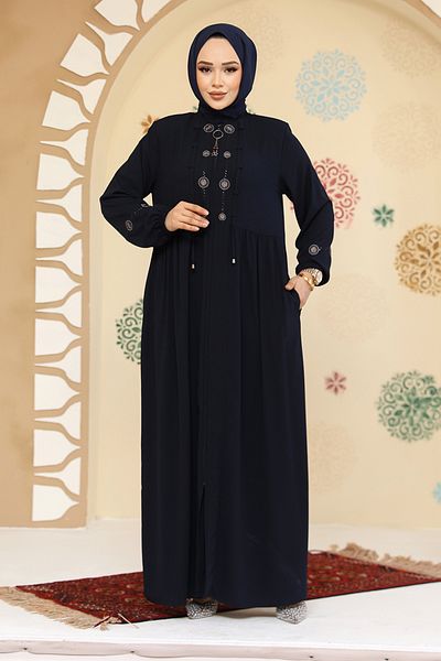 Neva Style Bead Detailed Navy Blue Hijab Abaya 45305L