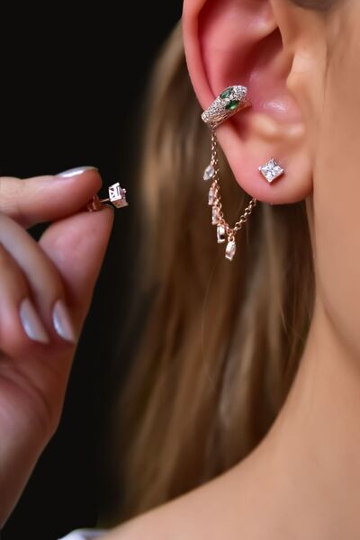 Papatya Silver 925 Ayar Gümüş Rose Kaplama Ear Cuff Chain Snake Küpe