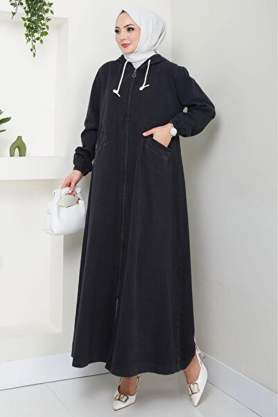 Organic TİME Kapşonlu Kot Ferace Siyah KAPŞUNU SABİTDİR