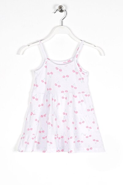 zepkids Round Neck Zero Sleeve Strap Cherry Pattern - White Color Girl's Dress
