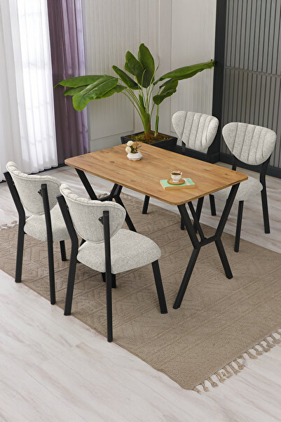 Armens Life Mobilya, Lojistik & Elektronik Ticaret Elma Modeli Masa Sandalye Takımı, 4 Sandalye 1  Sabit Ceviz Masa  110x70 Cm, Keten Kumaş