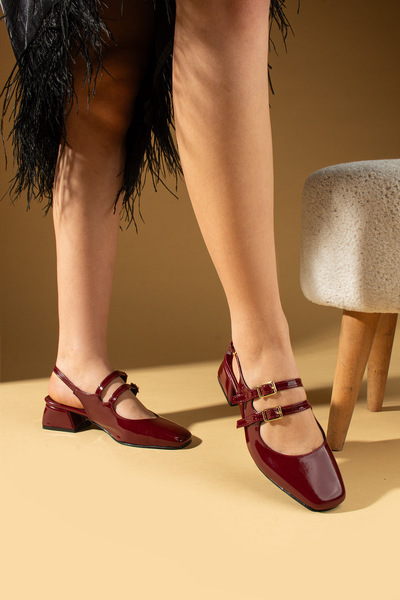 Pembe Potin Women's Mary Jane Claret Red Patent Leather Square Toe Double Helmet Heeled Shoes
