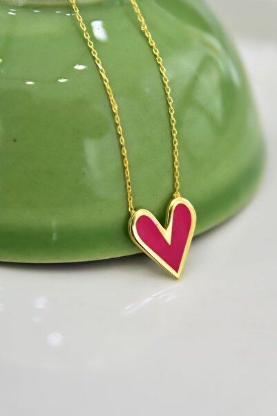 Papatya Silver 925 Ayar Gümüş Altın Kaplama Koyu Pembe Mineli Kalp Kolye