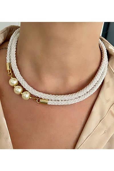 Kutcha Accessories ثلاثة لؤلؤة مفصلة قلادة سلسلة مزدوجة