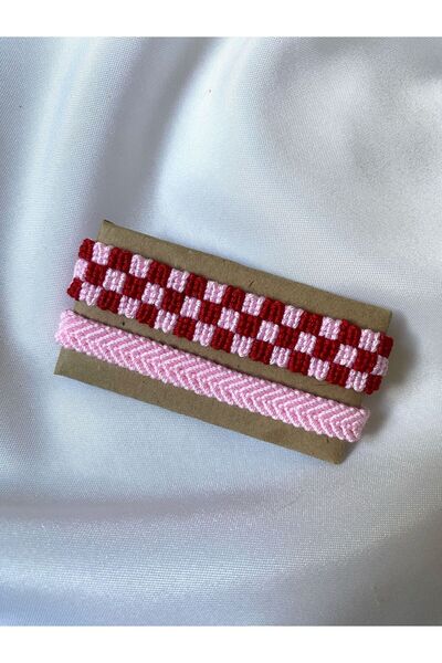 MELUSH مجموعة أساور محبوكة بنمط الشطرنج باللونين الوردي والأحمر مكونة من قطعتين