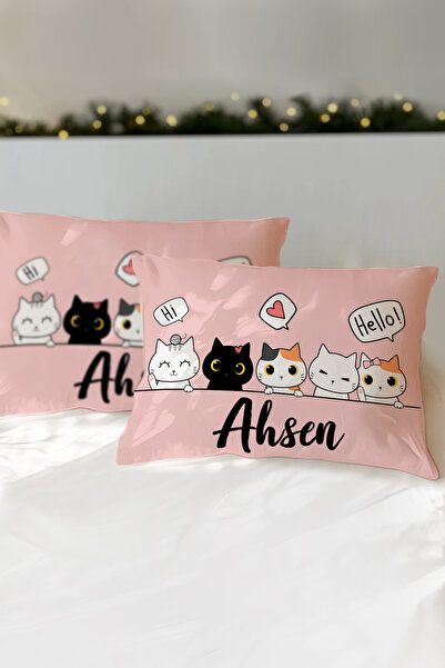Homamia İsme Özel Baskılı %100 Pamuk Çocuk Yastık Kılıfı (50x70) Kediler