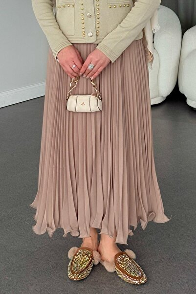 HAZA MODA Piliseli Şifon Etek Pudra