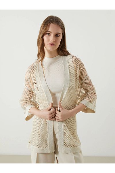 LC Waikiki Beige Shawl Collar Openwork Oversize Women's Knitwear Cardigan