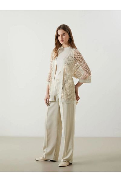 LC Waikiki Beige Shawl Collar Openwork Oversize Women's Knitwear Cardigan