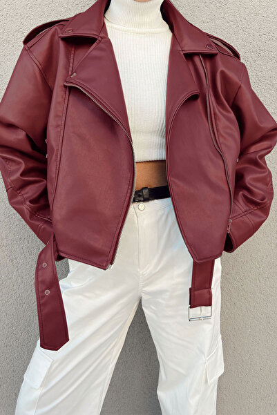 MEYASU Jachetă motociclist cu centură supradimensionată din piele artificială...