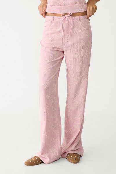 Stradivarius Linen blend embroidered straight-leg trousers